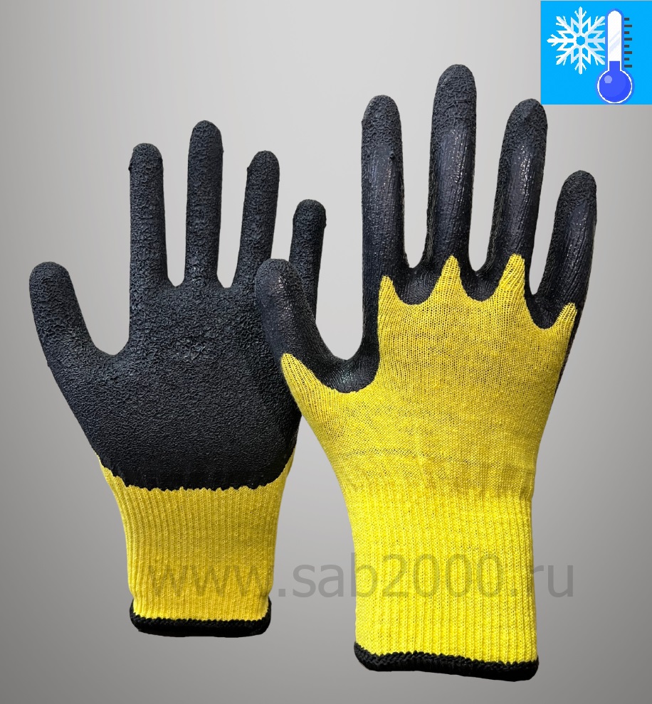 Перчатки утепленные, трикотажные с текстурированным латексным покрытием "Кулак" (с вкладышем из 100% акрила), зимние, двойные (желто-черные) - фото 1
